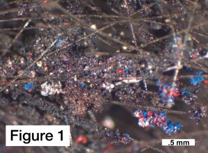 Fire debris analytical testing using light microscopy showing fiber glass from air filters