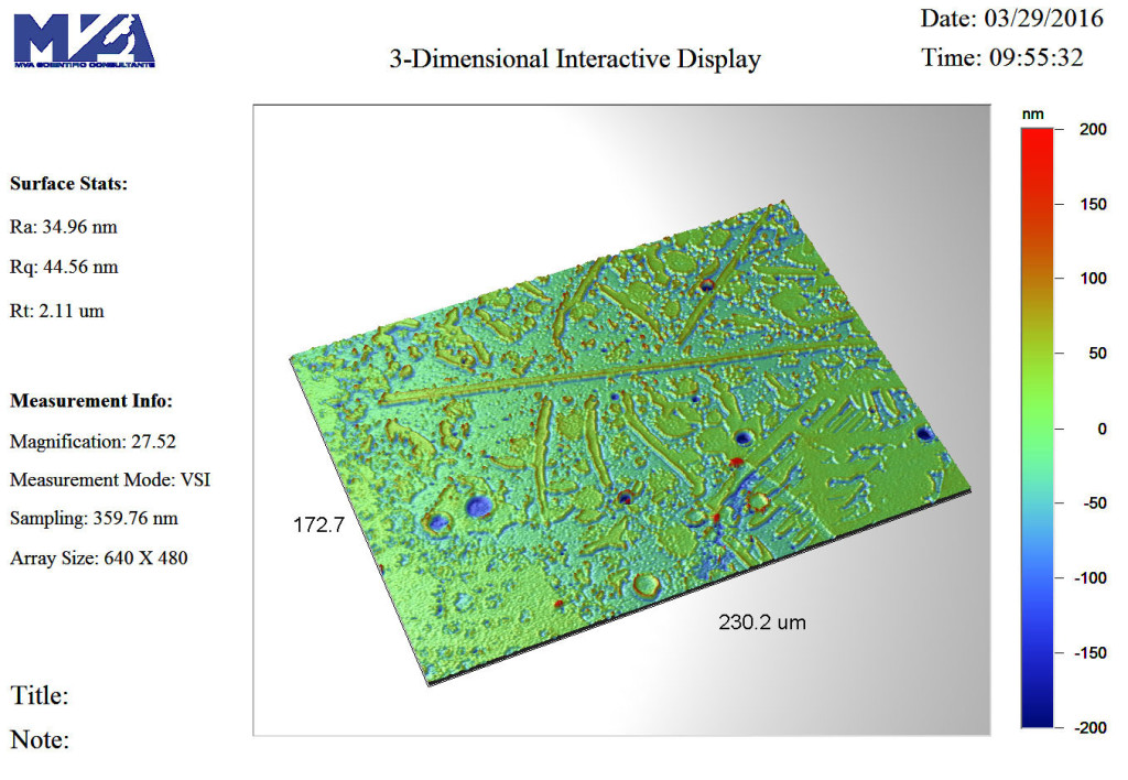 Figure 4: This is an image, taken using a SWLIM, of the same area as in the previous image. This image illustrates the glass delamination and shows a 3D surface roughness profile of the delaminated glass interior surface.